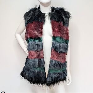 NWT Burgundy, Green, Navy & Black Striped Faux Fur Vest Statement Jacket